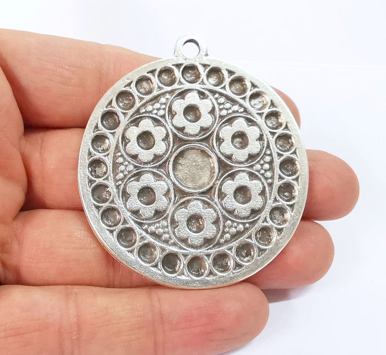 Flower Medallion Pendant Ethnic Tribal Pendant Rustic Pendant Antique Silver Plated Charms (54mm) G24657