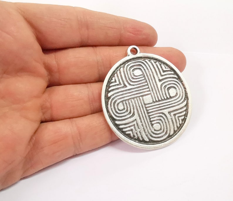 Patterned Medallion Pendant Ethnic Tribal Pendant Rustic Pendant Antique Silver Plated Charms (52mm) G24658