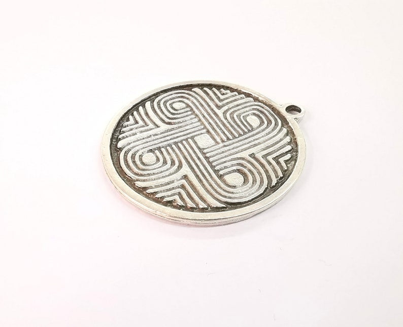 Patterned Medallion Pendant Ethnic Tribal Pendant Rustic Pendant Antique Silver Plated Charms (52mm) G24658