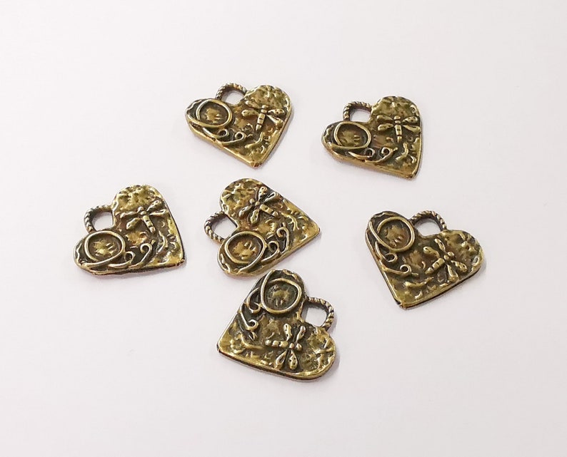 5 Heart dragonfly charms Antique bronze plated charms (19x19mm) G24554