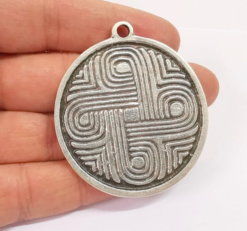 Patterned Medallion Pendant Ethnic Tribal Pendant Rustic Pendant Antique Silver Plated Charms (52mm) G24658