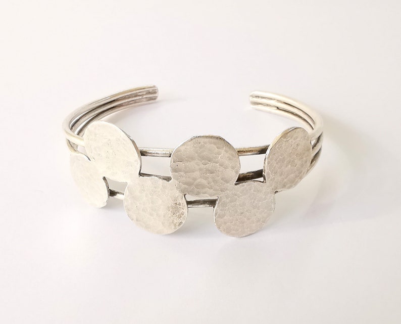 Hammered discs bracelet brass cuff blank bezel base Adjustable antique silver plated brass (15mm Blanks ) G24608