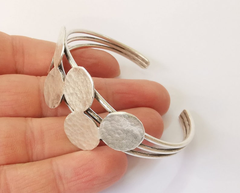 Hammered discs bracelet brass cuff blank bezel base Adjustable antique silver plated brass (15mm Blanks ) G24608