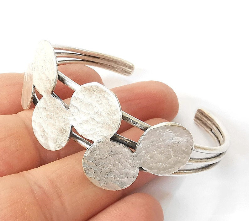 Hammered discs bracelet brass cuff blank bezel base Adjustable antique silver plated brass (15mm Blanks ) G24608