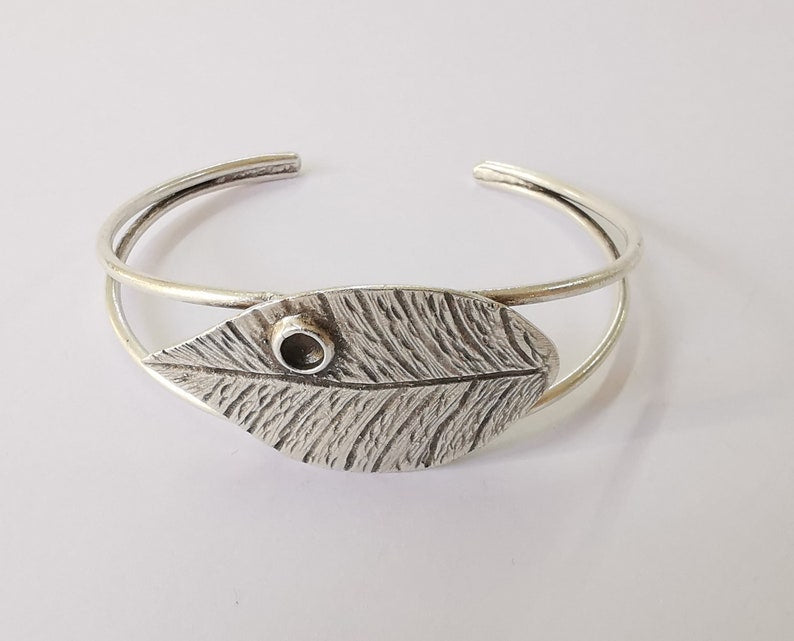 Leaf bracelet brass cuff blank bezel Glass cabochon base Adjustable antique silver (4mm ) G24525