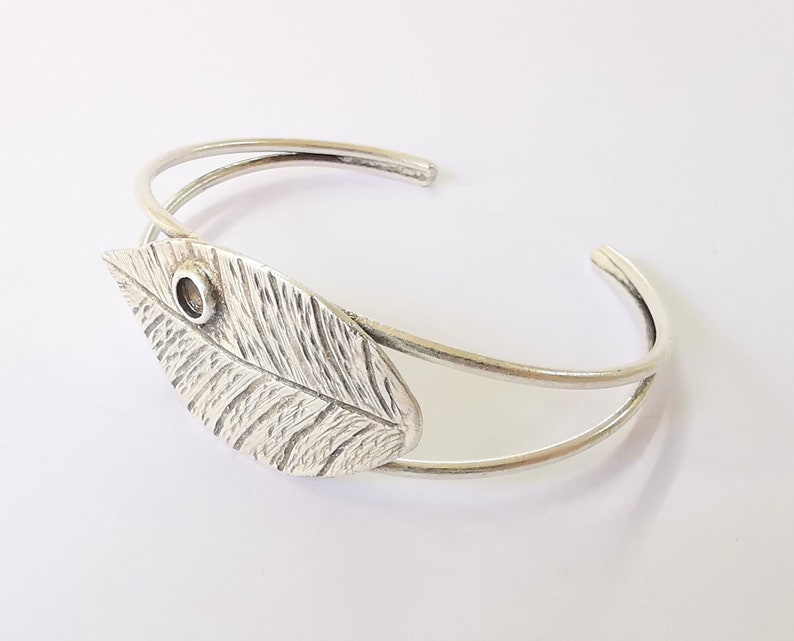 Leaf bracelet brass cuff blank bezel Glass cabochon base Adjustable antique silver (4mm ) G24525