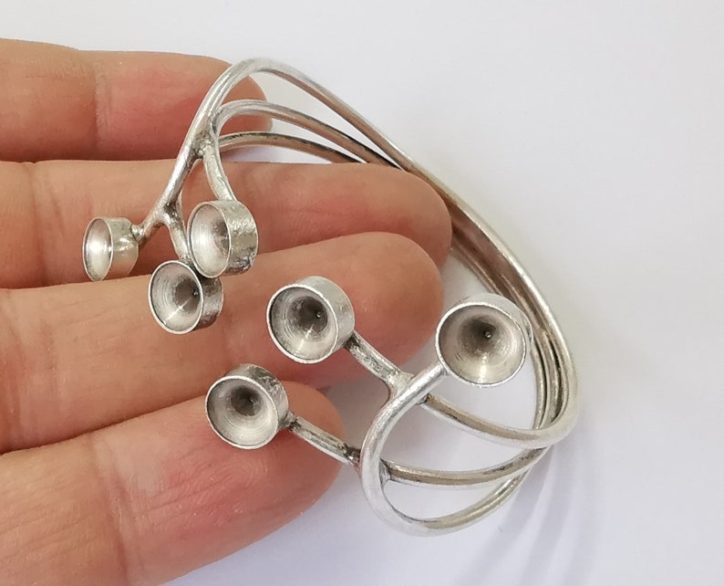 Silver bracelet brass cuff blank bezel Glass cabochon base Adjustable antique silver plated brass (8mm Blanks ) G19422