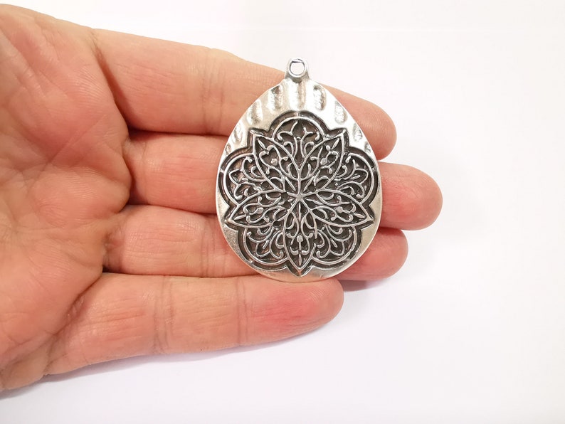 Flower Boho Pendant Ethnic Tribal Pendant Rustic Pendant Antique Silver Plated Charms (56x42mm) G24623