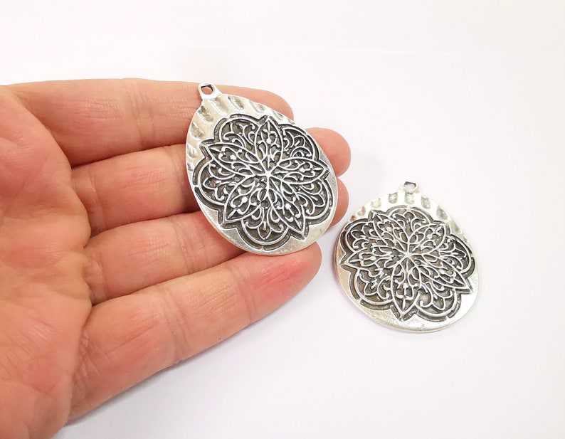 Flower Boho Pendant Ethnic Tribal Pendant Rustic Pendant Antique Silver Plated Charms (56x42mm) G24623