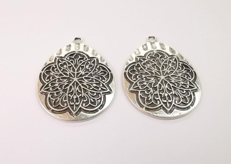 Flower Boho Pendant Ethnic Tribal Pendant Rustic Pendant Antique Silver Plated Charms (56x42mm) G24623