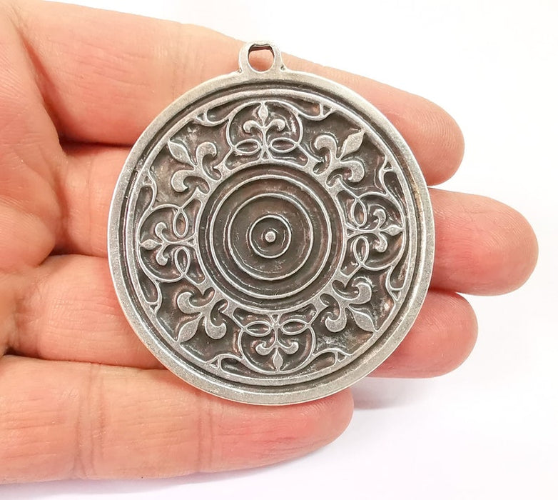 Medallion Boho Pendant Ethnic Tribal Pendant Antique Silver Plated Charms (54mm) G24624