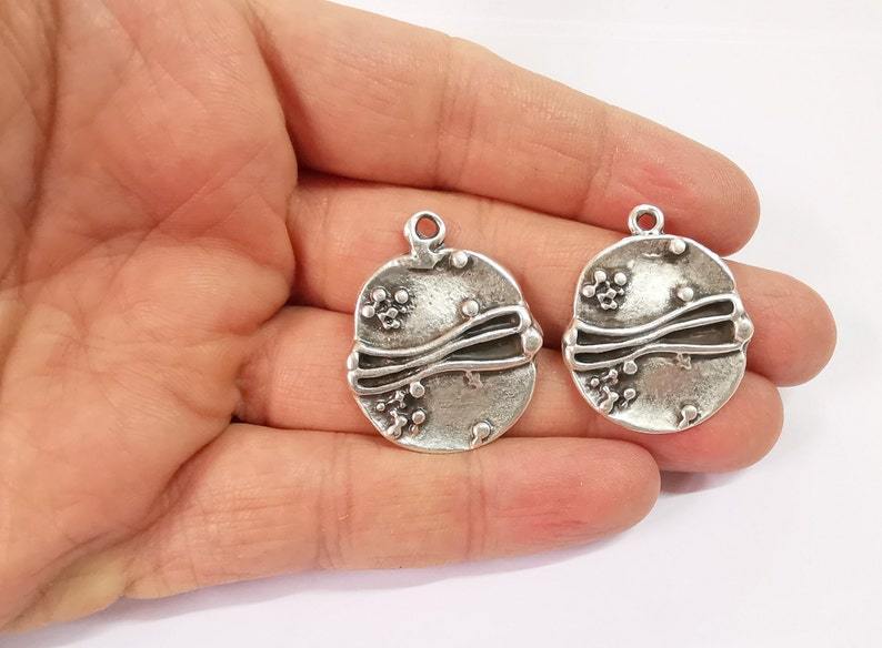 2 Round Dangle Charms Antique Silver Plated Charms (28mm) G24632