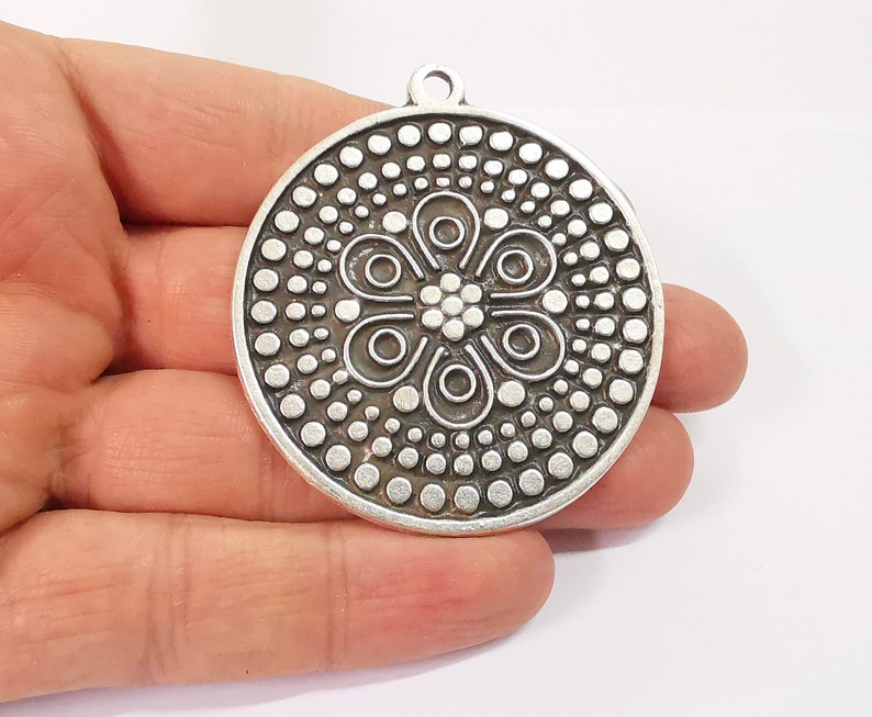 Medallion Boho Pendant Ethnic Tribal Pendant Antique Silver Plated Charms (54mm) G24637