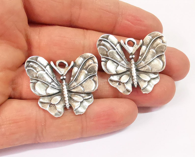 2 Butterfly Charms Antique Silver Plated Charm (33x30mm) G24650