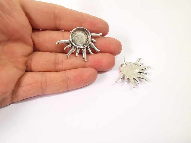 Sun Earring Blank Backs Antique Silver Resin Base inlay Blank Cabochon Mountings Antique Silver Plated (16mm blank) 1 pair G24654