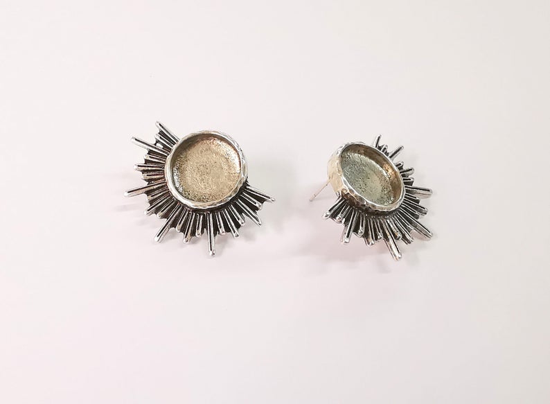 Sun Earring Blank Backs Antique Silver Resin Base inlay Blank Cabochon Mountings Antique Silver Plated (16mm blank) 1 pair G24655