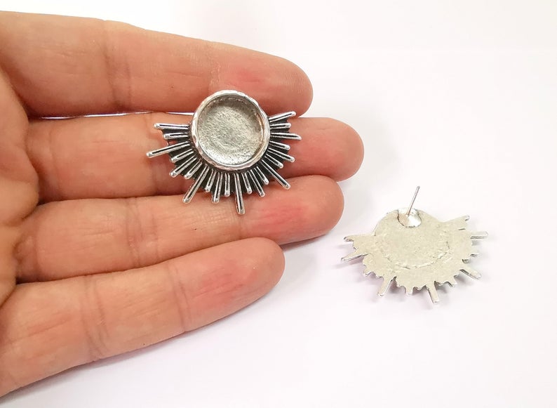 Sun Earring Blank Backs Antique Silver Resin Base inlay Blank Cabochon Mountings Antique Silver Plated (16mm blank) 1 pair G24655