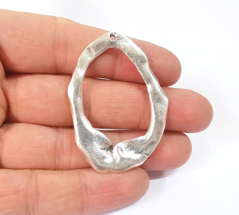 2 Oval Wavy Organic Shape Charms Antique Silver Plated Charms (52x37mm) G24652