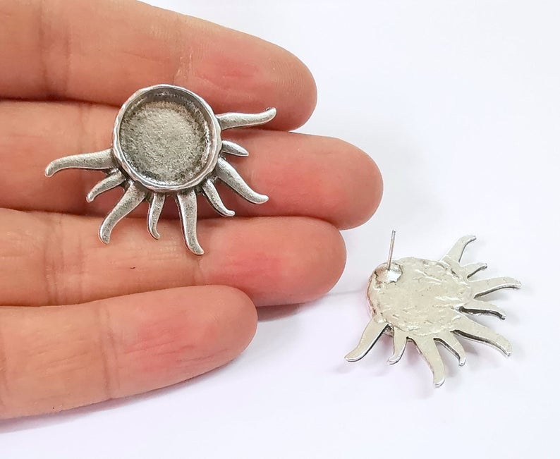 Sun Earring Blank Backs Antique Silver Resin Base inlay Blank Cabochon Mountings Antique Silver Plated (16mm blank) 1 pair G24654