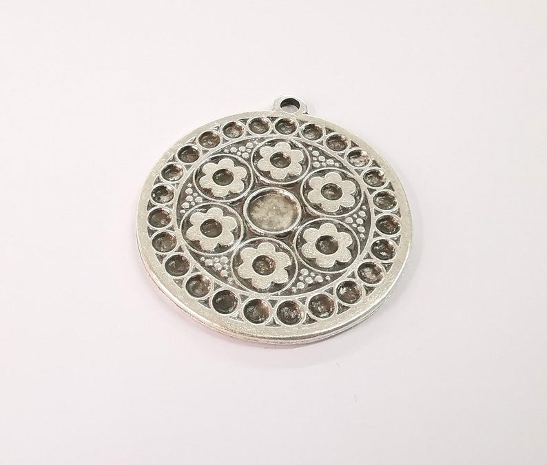 Flower Medallion Pendant Ethnic Tribal Pendant Rustic Pendant Antique Silver Plated Charms (54mm) G24657