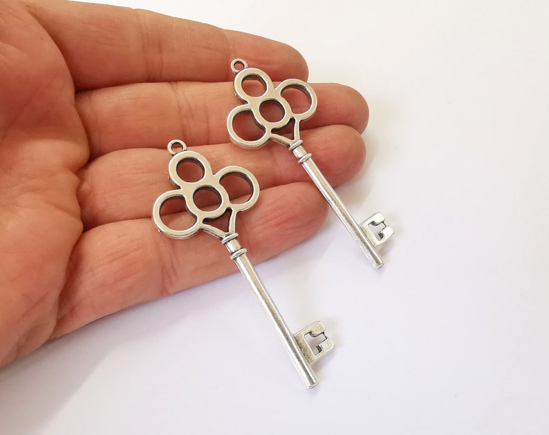 2 Key Pendant Antique Silver Plated Charms (67x28mm) G24751