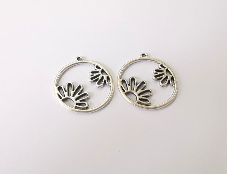 2 Flower Charms Antique Silver Plated Charms (30mm) G24752