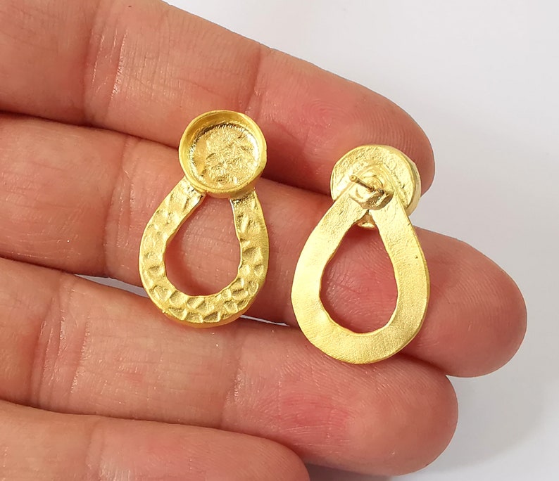 Earring Blank Base Settings Gold Resin Blank Hammered Cabochon Bases inlay Blank Mountings Gold Plated Brass (10mm blank ) 1 Set G24681