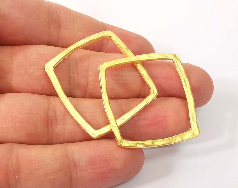 2 Square Charm Hammered Square Shaped Connector Findings Gold Plated Geometric Findings (33mm) G24687