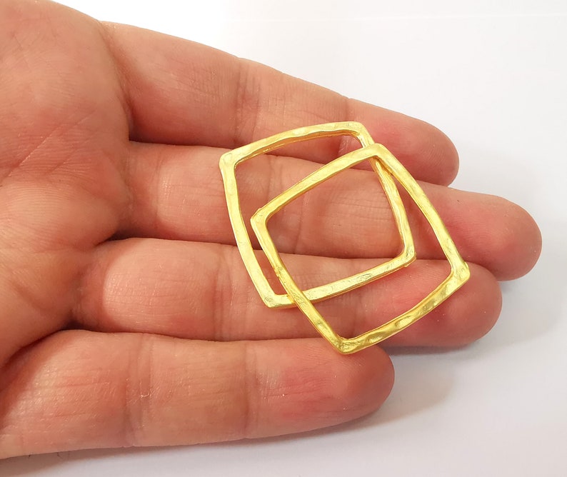 2 Square Charm Hammered Square Shaped Connector Findings Gold Plated Geometric Findings (33mm) G24687