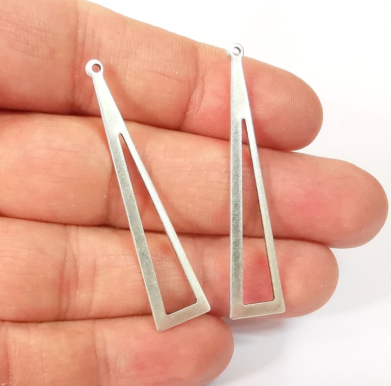 4 Dangle Triangle Charms Antique Silver Plated Brass Charms (50x11mm) G24691