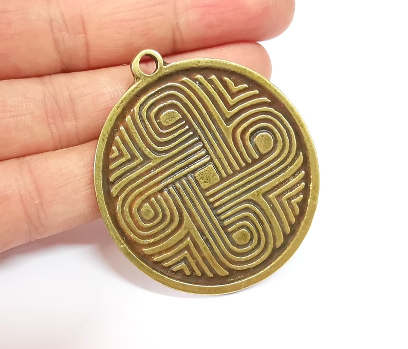 Patterned Medallion Pendant Ethnic Tribal Pendant Rustic Pendant Antique Bronze Plated Charms (52mm) G24703