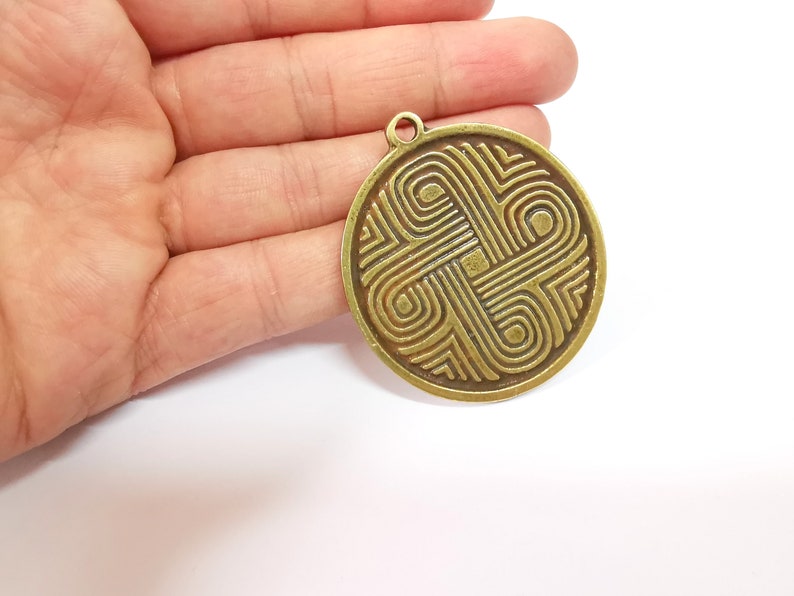 Patterned Medallion Pendant Ethnic Tribal Pendant Rustic Pendant Antique Bronze Plated Charms (52mm) G24703