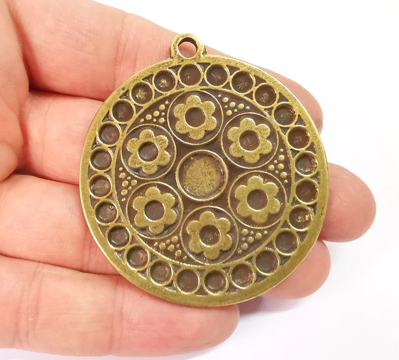 Flower Medallion Pendant Ethnic Tribal Pendant Rustic Pendant Antique Bronze Plated Charms (54mm) G24715