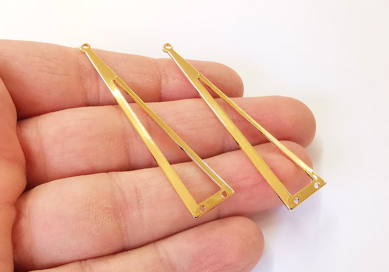 2 Dangle Triangle Connector Charms 24k Shiny Gold Plated Brass Charms (60x13mm) G24724