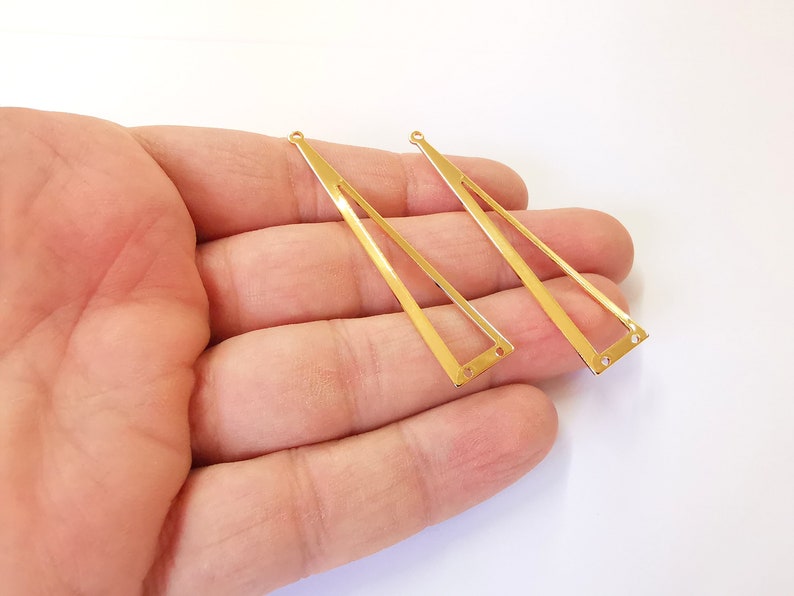 2 Dangle Triangle Connector Charms 24k Shiny Gold Plated Brass Charms (60x13mm) G24724