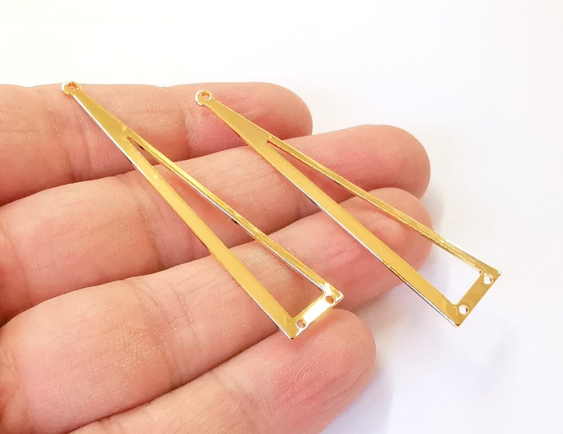 2 Dangle Triangle Connector Charms 24k Shiny Gold Plated Brass Charms (60x13mm) G24724