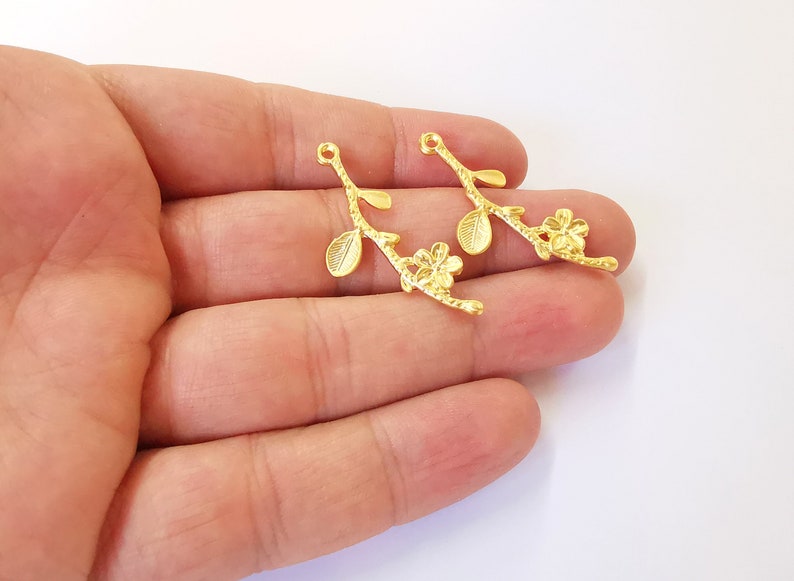 2 Flower Branch Charms Gold Plated Charms (40x16mm) G24732
