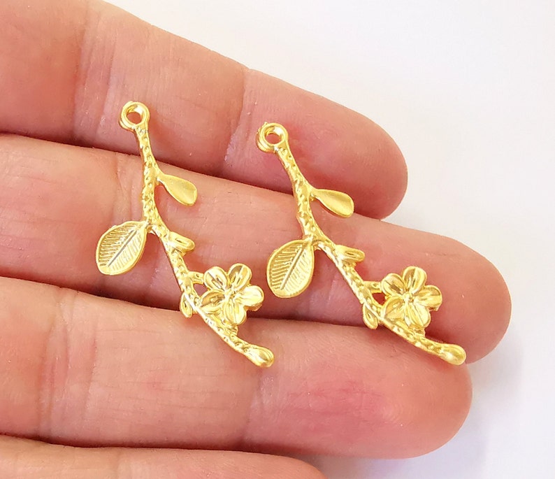2 Flower Branch Charms Gold Plated Charms (40x16mm) G24732