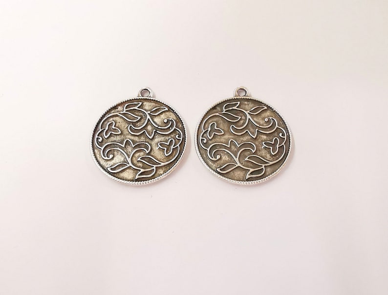 2 Flower Leaf Charms Antique Silver Plated Charms (32x28mm) G24775