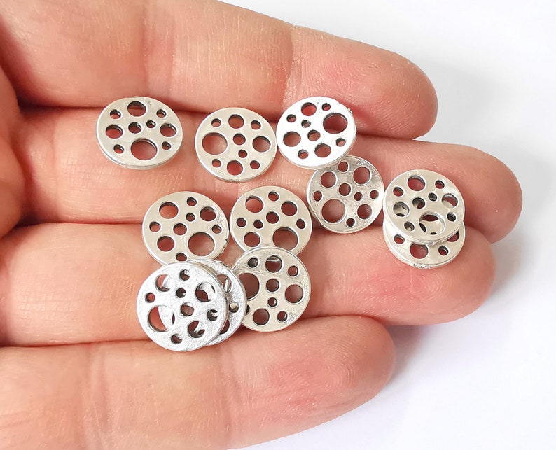 10 Hollow Round Charms Antique Silver Plated Charms (13mm) G24780