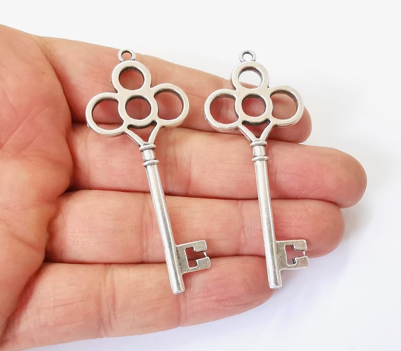 2 Key Pendant Antique Silver Plated Charms (67x28mm) G24751