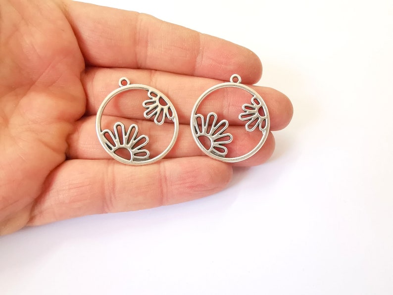 2 Flower Charms Antique Silver Plated Charms (30mm) G24752