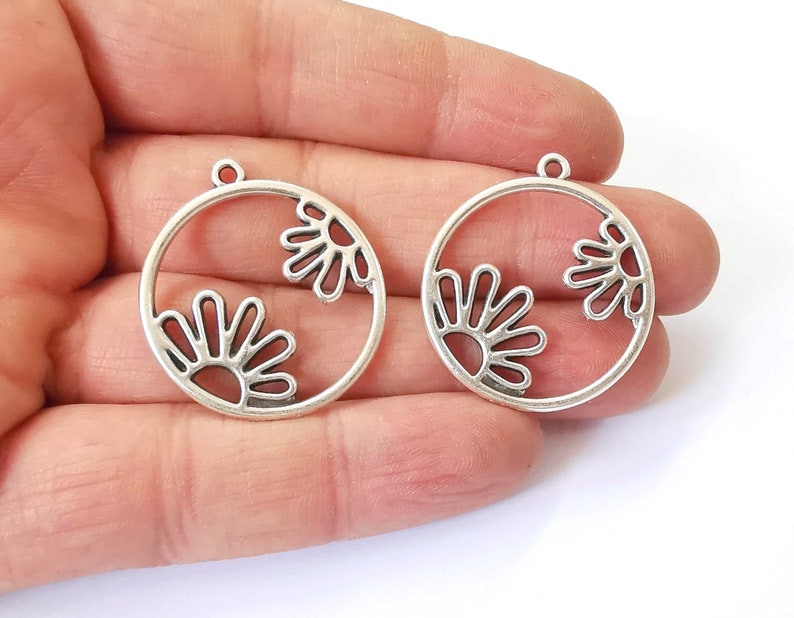 2 Flower Charms Antique Silver Plated Charms (30mm) G24752