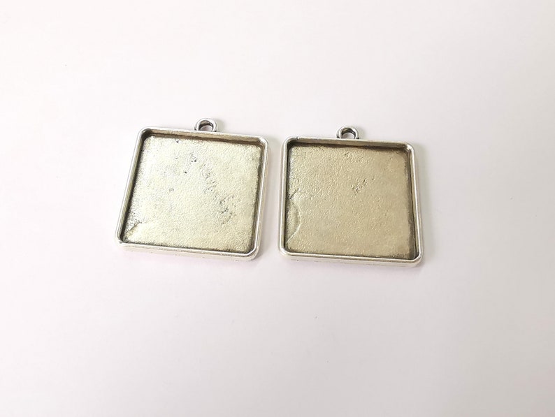 2 Square Frame Pendant Blank Antique Silver Plated Pendant (31x27mm) (25x25mm Blank Size) G24764