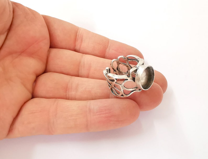 Silver Ring Setting Blank Cabochon Ring Mounting Adjustable Ring Base Bezel (12mm)Antique Silver Plated Brass G25197