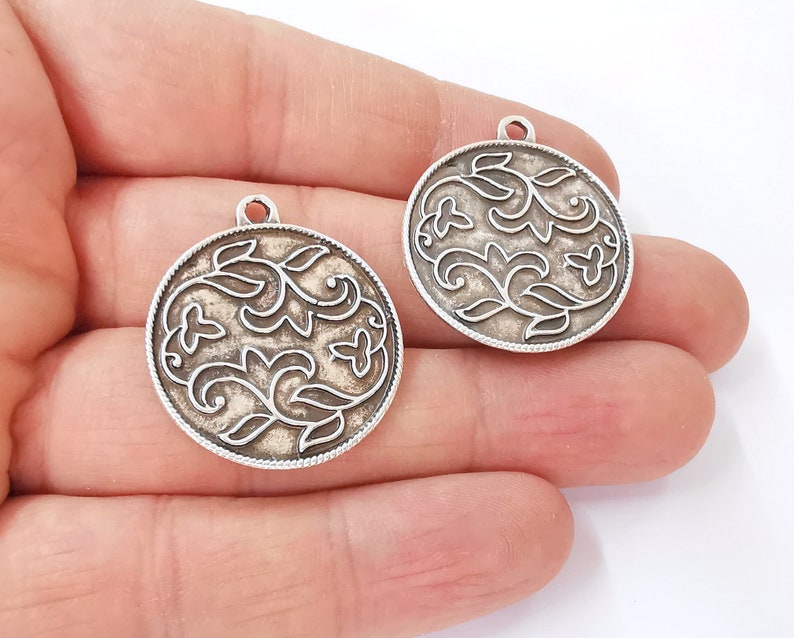 2 Flower Leaf Charms Antique Silver Plated Charms (32x28mm) G24775