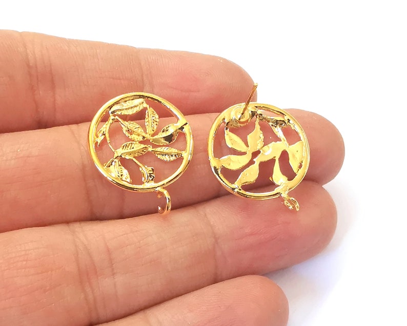 2 Leaves earring stud base Shiny Gold Plated brass earring 1 pair (25x20mm) G24883