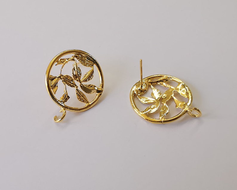 2 Leaves earring stud base Shiny Gold Plated brass earring 1 pair (25x20mm) G24883