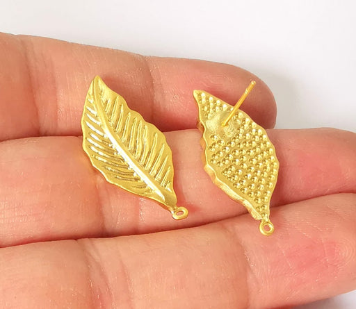 Leaf Earring Stud Base Gold Plated Brass Earring 1 pair (30x13mm) G24887