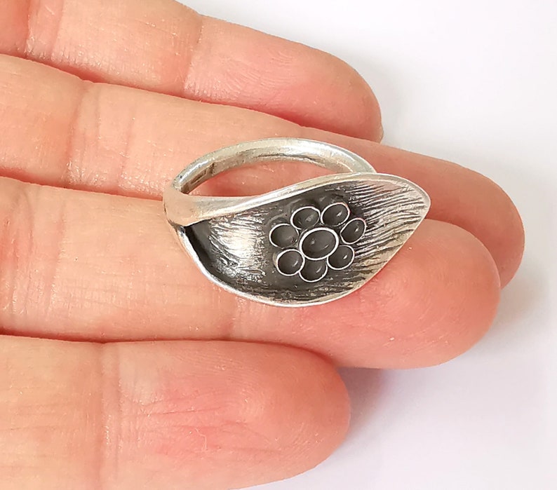 Leaf Flower Silver Ring Setting Blank Cabochon Ring Mounting Adjustable Ring Base Bezel (3mm 2mm)Antique Silver Plated Brass G24890